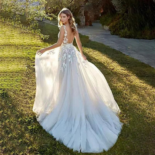 Backless Beach Sheer Tulle Wedding Dress