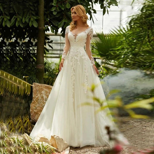 V-Neck Long Sleeve Sheer Wedding Dress