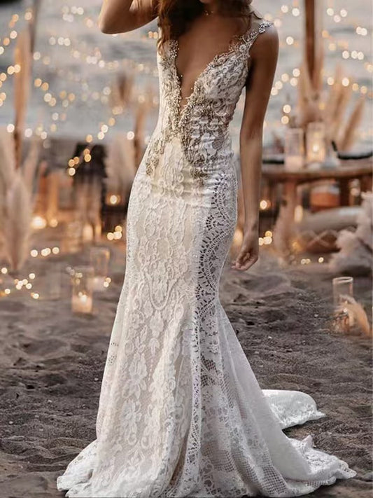 Lace V-Neck Mermaid Wedding Dress
