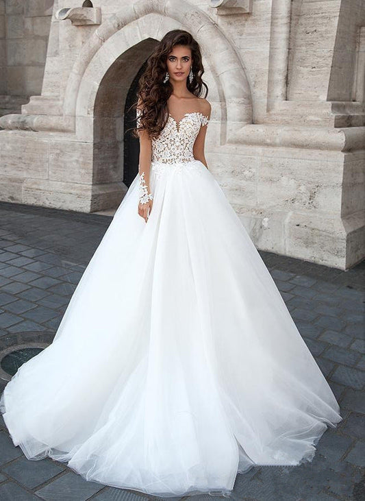 Off-Shoulder V-Neck Sheer Wedding Dress