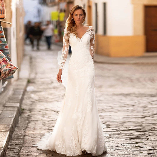 Deep V-Neck Backless Sheer Wedding Dress