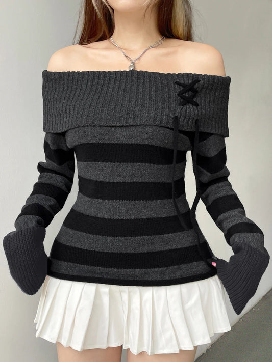 Off Shoulder Slim Knitted Striped Sweater