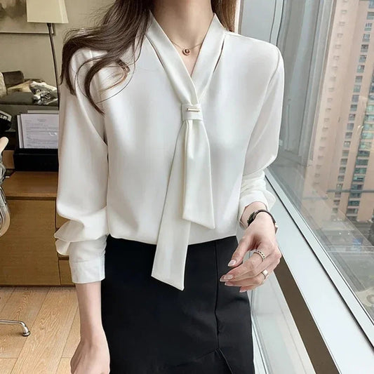 Chiffon V-neck Tie Loose Long Sleeve White Bloshope