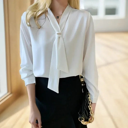 Chiffon V-neck Tie Loose Long Sleeve White Bloshope