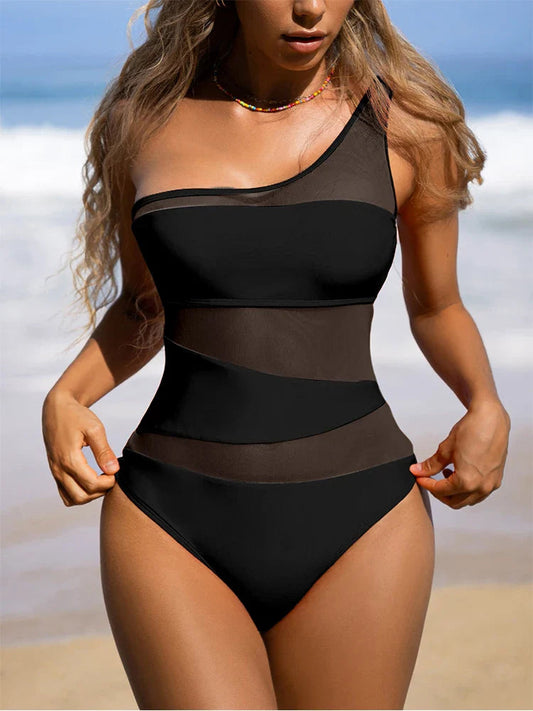 One Shoulder Mesh Monokini Swimsuit One Piece