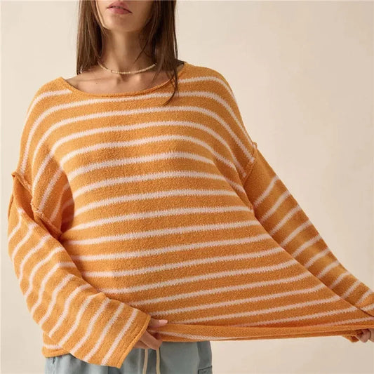 Oversized Striped V-Neck Color Block Knit Sweater Knit Top