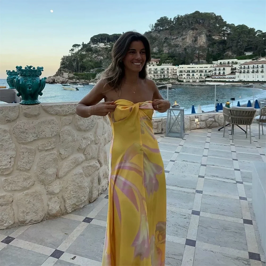 PB&ZA Satin Printed Strapless Vacation Dress