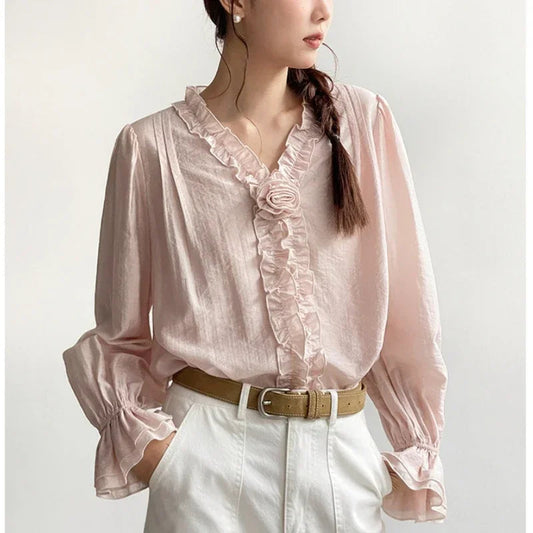 Pink Cotton Rayon Casual Long Sleeve V-Neck Boho Bloshope