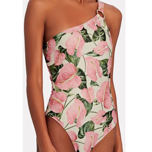 Pink Printed One Shoulder Tie One Piece Swimsuit