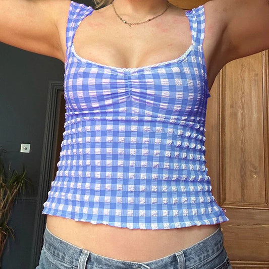 Plaid Gingham Lace Trim Square Collar Slim Fit Y2K Vintage Backless Crop Top