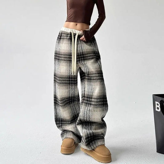 Plaid Fleece High Waist Casual Pants