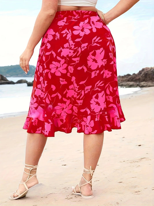 Plshop Size Floral Slit High Waist Vacation Skirt