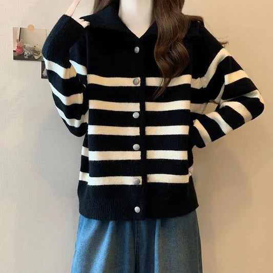 Striped Polo Collar Slimming Cardigan