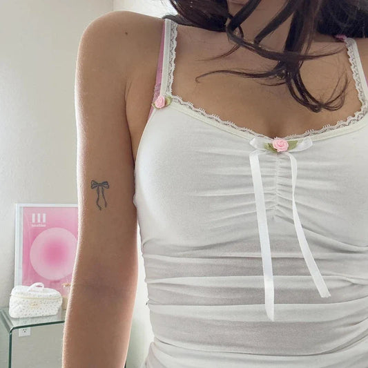 Rosettes Bow Lace Camisole Slim Fit Crop Top