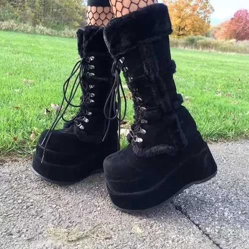 White Hairy Tall Platform Chunky Heel Gothic Winter Boot
