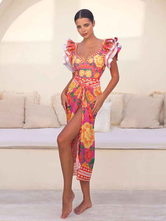 Vintage Bamboo Print Sarong Two Piece Set