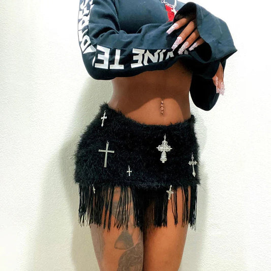 Fringe Hairy Elevated Waist Skirt