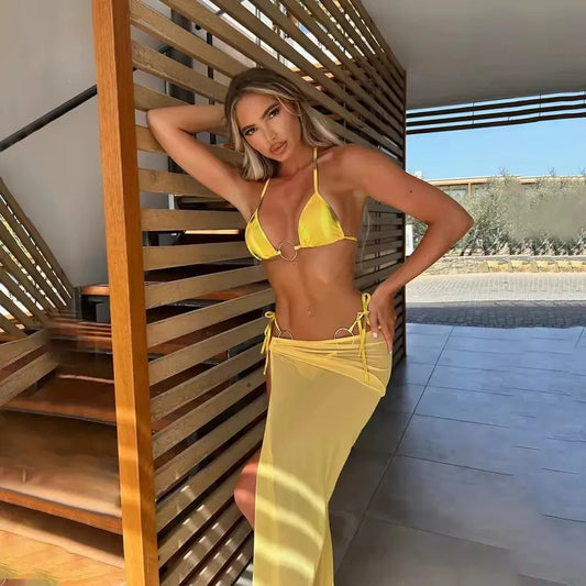 Printed Micro Bikini with Long Skirt Three Piece Swimsuit