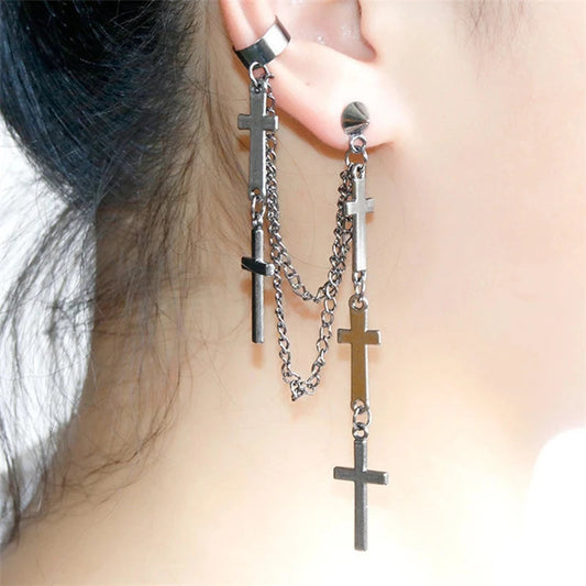Genderless Punk Cross Fringe Chain Clip Earring