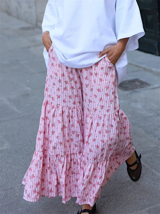 Flared Striped Floral Elastic High Waist Pant
