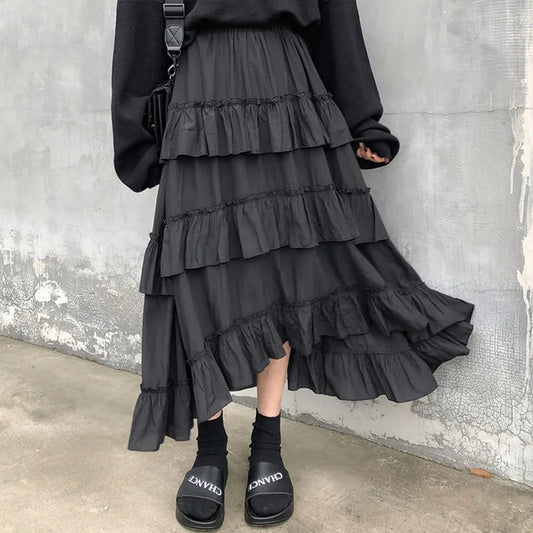 Gothic High Low Ruched Ruffle Skirt