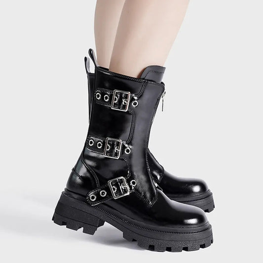 Rivet Strap Clunky Heeled Dark Motorcycle Boot