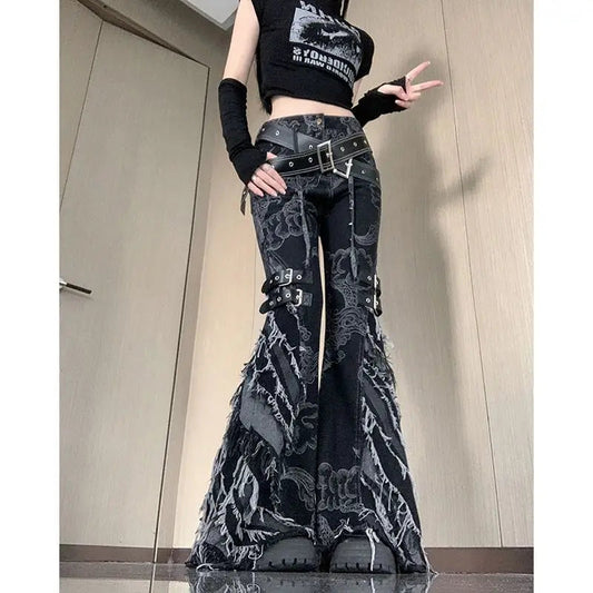 Rebellioshop Dark Print Flare Pant