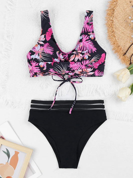 Drawstring Strap Tape Print Two Piece Set