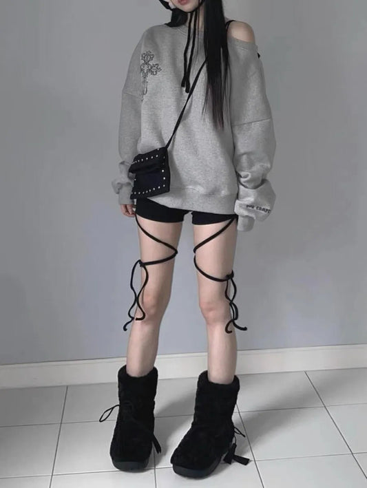 Dark Off Shoulder Pullover Hoodie