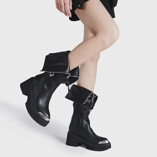 Zipper Dark Knee-High Motorcycle Wedge Boot