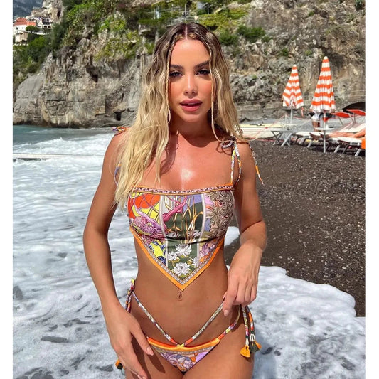 Backless Print Dot Halter Bikini Set