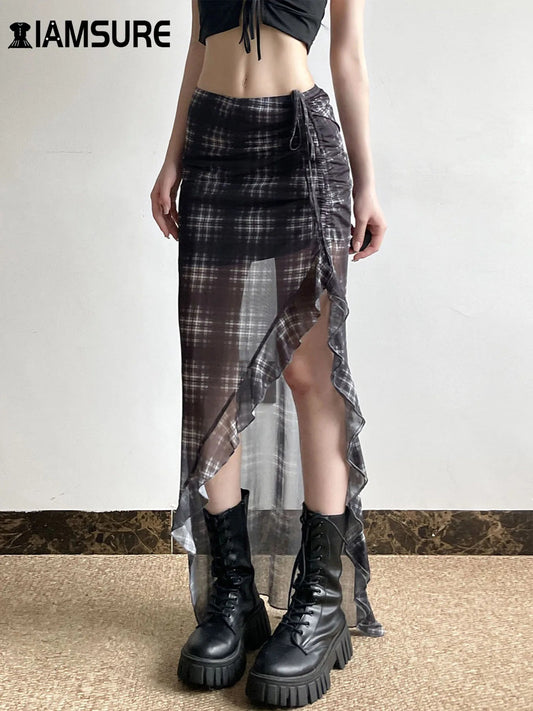Plaid Drawstring See Through Skirt