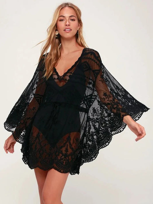 Lace See Through V-Neck Mini Cover Up