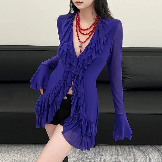 Deep-neck Long Sleeve Frill Bloshope