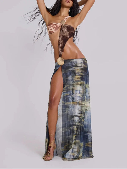 Cut Out Mesh Print Long Bikini Set