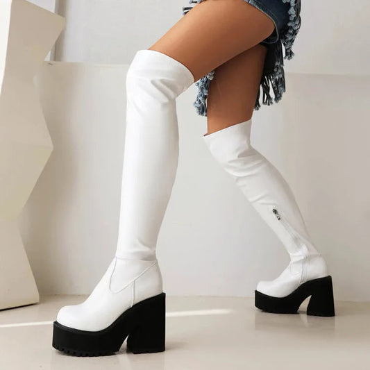 Rebellious Dark Over Knee Tall Chunky Heel Gothic Boot