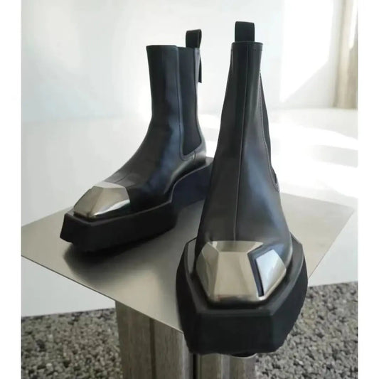 Metal Square Toe Elevated Chelsea Gothic Short Boot