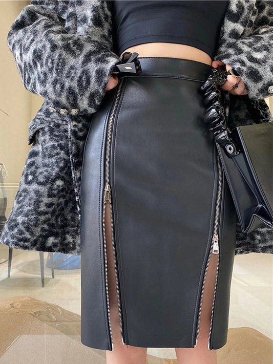 Double Slit Zipper Midi Skirt