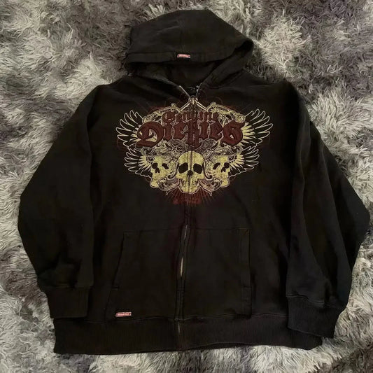 Dark Skull Print Zip Hoodie