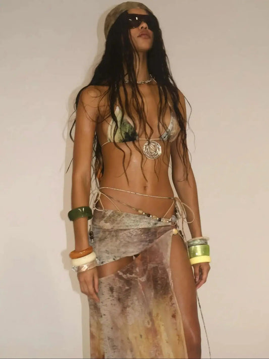 Print White Halter Skirt Three Piece Swimsuit