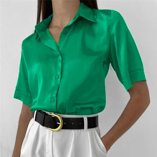 Office Short Sleeve Satin Green Bloshope