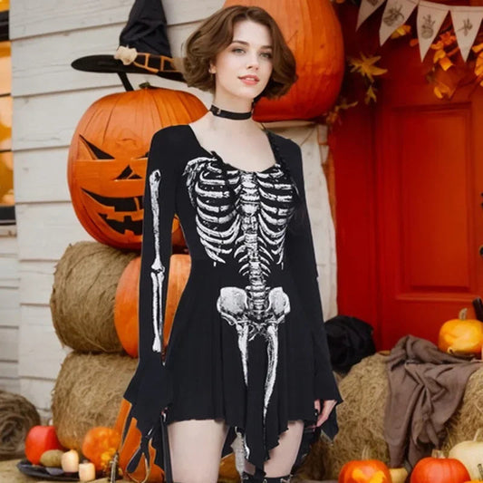 Skull Bone Print Slim Mini Dress