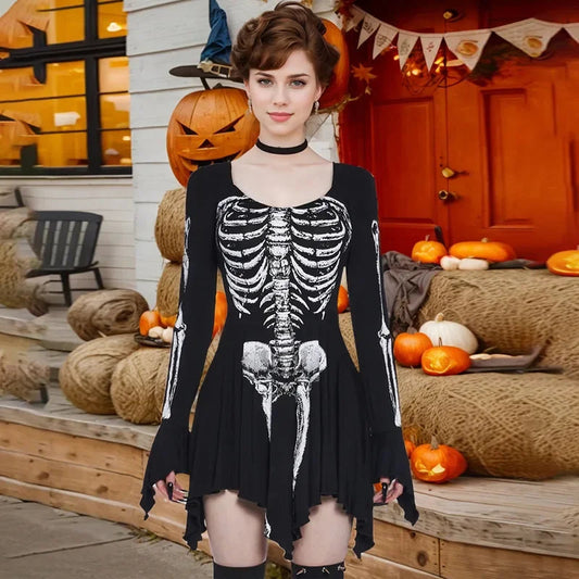 Skull Bone Print Slim Mini Dress
