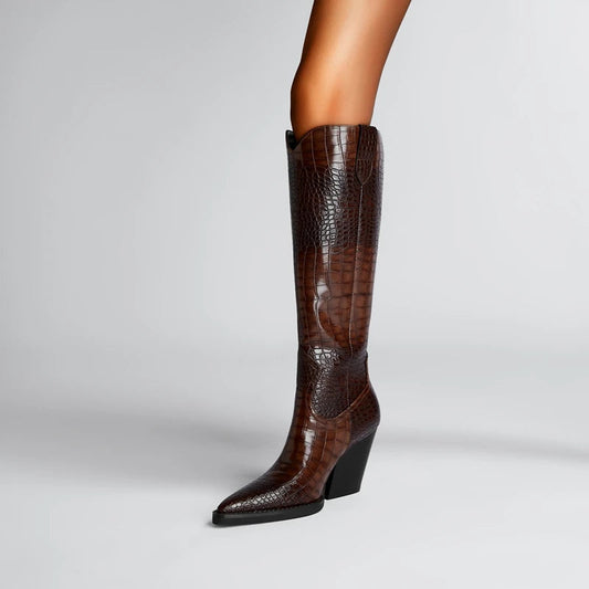 Dark Pointed Broad Heeled Oversized Western Boot