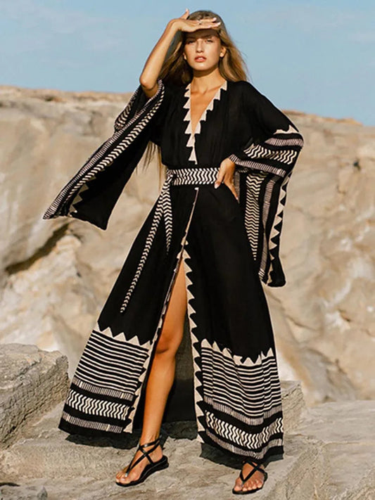 Contrast Color Long Sleeve Bikini Cover Up