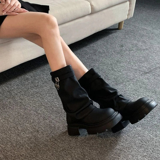 Stylish Clasp Dark Combat Elevated Rebel Boot