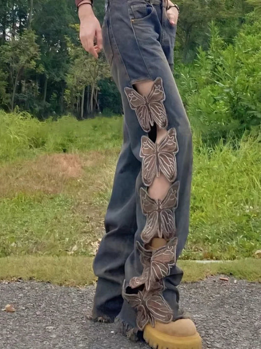 Fashion Vintage Butterfly Hollow Out Jeans