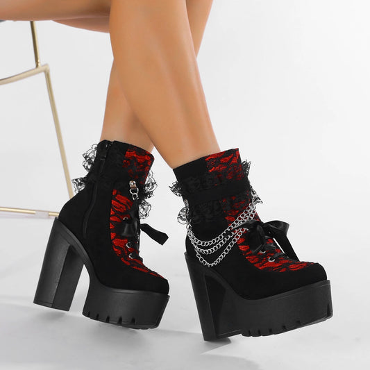 Vintage Gothic Lace Chunky Heel Boot