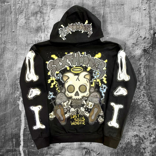 Dark Cartoon Embroidered Hooded Sweatshirt