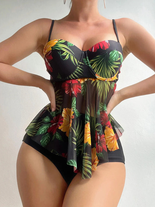 Strap Tankini Pshoph Up Print Two Piece Set